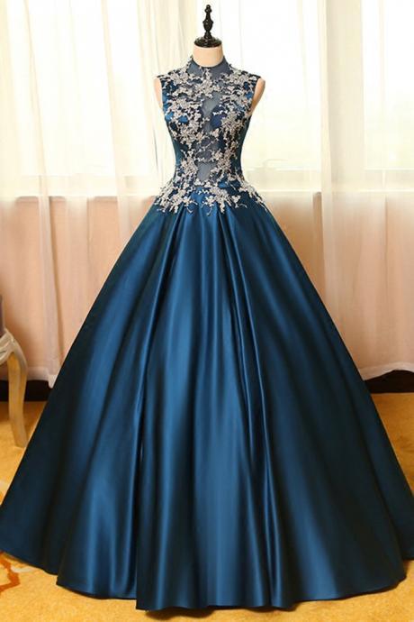 Blue Satin Lace Applique Round Neck See-Through A-Line Long Prom Dresses,Ball Gown Dresses, Vintage Prom Dress, Ball Gown