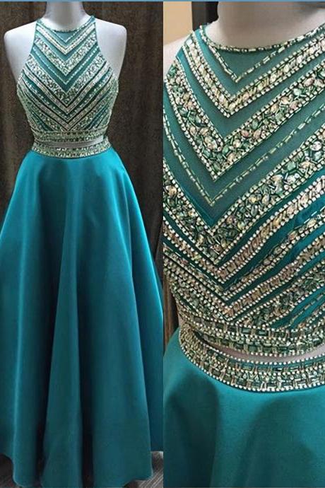 2 Pieces Bodice Green Prom Dresses,High Neck Mid Section Evening Dress,Beaded Prom Gowns, Graduation Dresses 2023,Wedding Party Dress