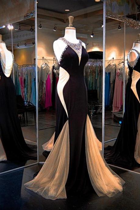 Black Nude Evening Gown Jersey High Beaded Neckline Prom Dresses Illusion Beaded Back Illusion Cutouts Evening Dress