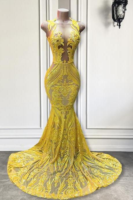 Real Long Elegant Prom Dresses 2023 Fitted Sheer O-Neck Mermaid Sparkly Sequin Yellow African Black Girls Prom Gala Gowns