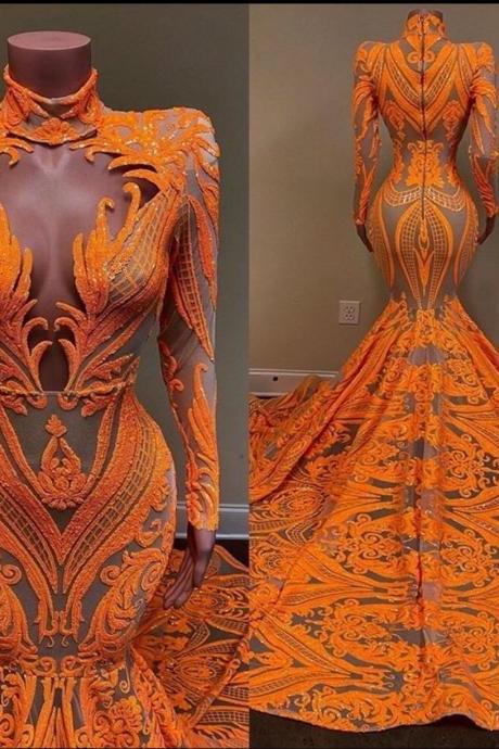 Luxury Lace Applique Evening Dresses Long Sleeve High Neck Modest Sparkly Elegant Orange Formal Wear Vestido De Fiesta 2023
