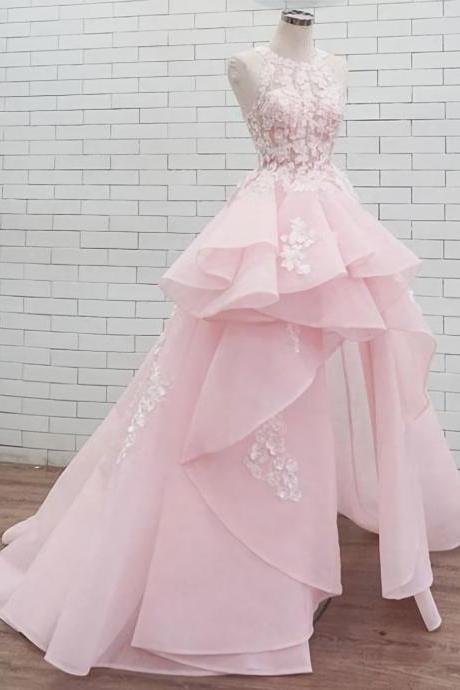 Pink Round Neck Lace Long Prom Dress, Sweet 16 Dress