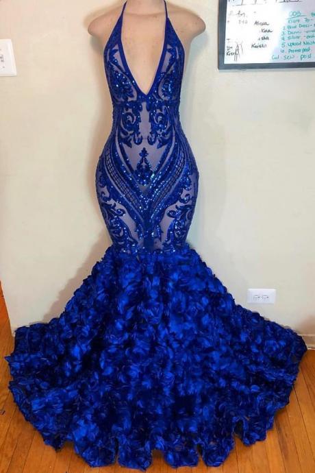 Mermaid Prom Dresses 2023, Royal Blue Evening Dresses, Hand Made Flowers Prom Dress, New Prom Dresses, Arabic Evening Dress, Lace Prom Dress, Royal Blue Party Dresses, Formal Dress, Evening Gowns, 2023 Party Dresses