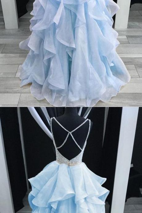 Charming Light Blue Layered Long Prom Dress,Luxury Bead Party Dress,Spaghetti Straps Cross Back Prom Homecoming Dress
