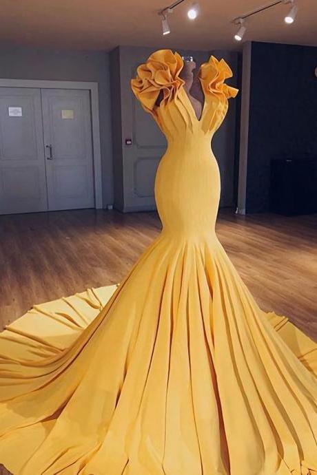 Sexy Unique Party Dress Yellow V Neck Long Prom Gown,Mermaid Evening Dress
