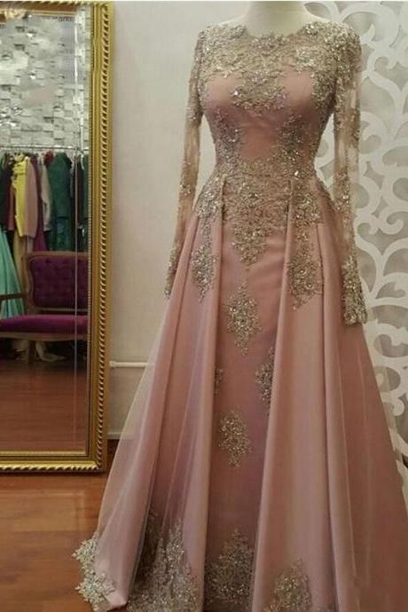 Modest Blush Pink Prom Dresses Long Sleeve Lace Appliques Crystal Party Dresses Evening Wear 2023 Vestidos De Fiesta