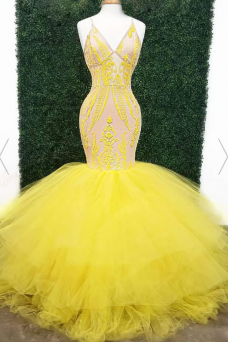 Yellow Deep V Neck Lace Appliques Mermaid Prom Dresses