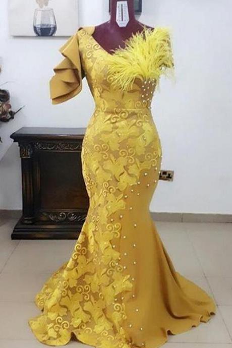 2023 New Yellow African Prom Dress Sexy Mermaid Lace Evening Dress Vestidos De Festa Feather Formal Party Dress