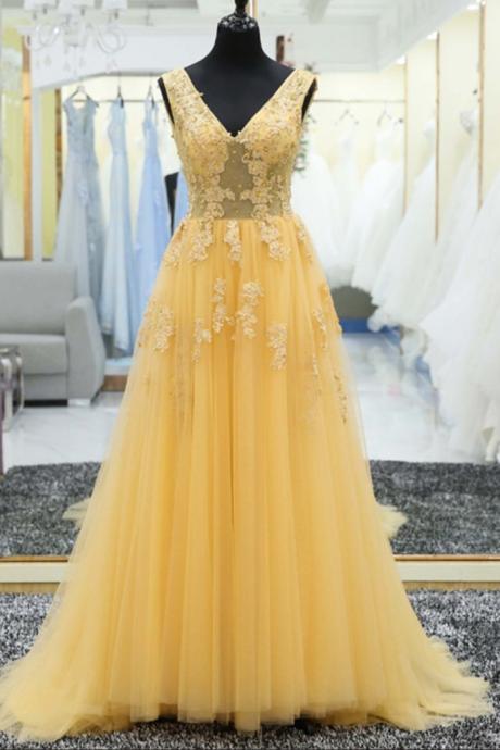 Yellow Tulle Tulle Lace Applique V-Neck Long Prom Dress, Evening Dresses