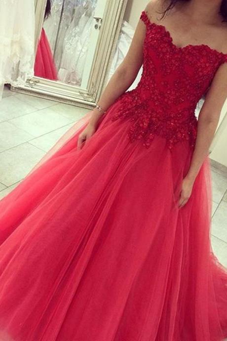 2023 Chic Ball Gown Off-Shoulder Sweep Train Tulle Watermelon Quinceanera Prom Dress With Beading, Ball Gown Prom Dress