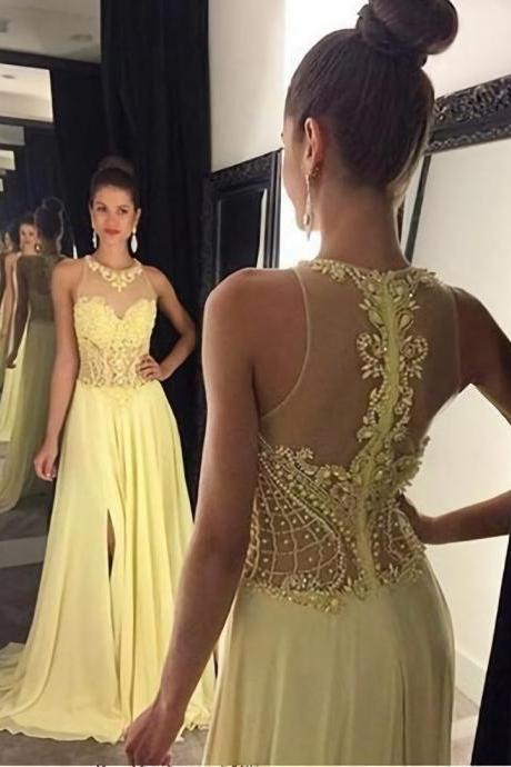 Sexy See Through Prom Dresses, Halter Yellow Prom Dress, Beaded Prom Dress, Long Chiffon Prom Dress, Sexy Prom Gowns