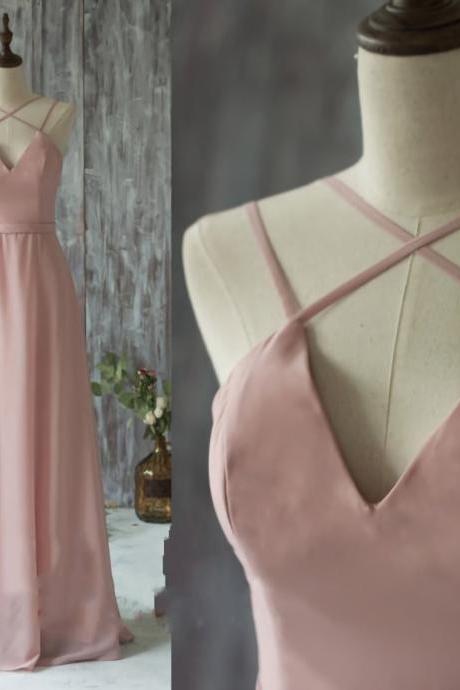 Spaghetti Strap Prom Dresses, 2023 Long Bridesmaid Dress, Blush Prom Dresses, Chiffon Evening Gown, Floor Length Party Dress, Prom Dress