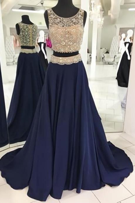 Charming Prom Dress,Two Piece Prom Dress, Sexy Crystal And Beading Long Formal Evening Dress,O Neck Prom Dresses, Sleeveless Evening Gowns