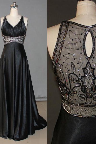 Sexy See Through Black Long Prom Dress, V Neck Off The Shoulder Crystal Formal Evening Prom Dresses,Sleeveless Open Back Evening Gowns,Empire Waist Formal Prom Gown