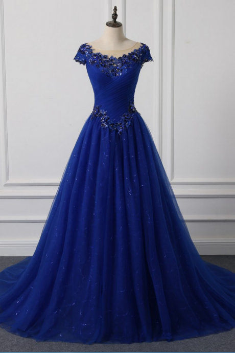 Long Neck Appliqued New O Outdoor Wedding Dress Royal Blue Foil Veils Wedding Party Dresses
