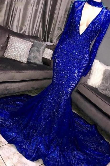 New Long Sleeve Mermaid Prom Dresses Deep V Neck Sparkly Sequins Women Evening Prom Party Gown Black Girls