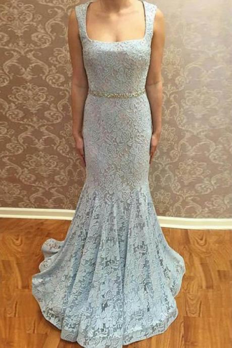 Mermaid Prom Dresses,Square Neck Prom Dress,Blue Prom Dresses,Lace Prom Dress With Beading,Long Prom Gown