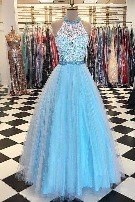 Blue High Neck Lace Tulle Long Prom Dress, Lace Prom Dress, Modest Prom Dress, Charming Prom Dress, Tulle Evening Dress