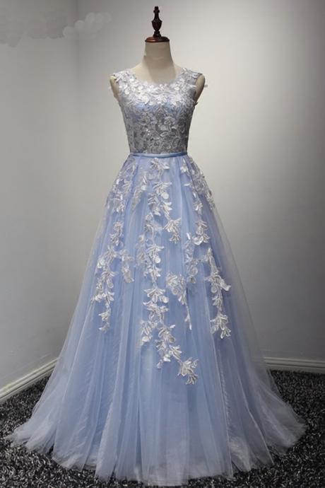 Elegant Prom Dress, Baby Blue Tulle Prom Dress, O-Neck Sleeveless Long Lace Appliques Prom Dress, Senior Prom Dress, Long Prom Evening Dress