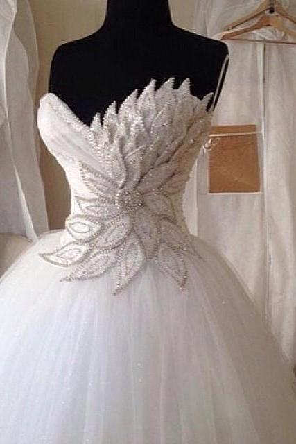 Wedding Dresses, Wedding Gown,Elegant Pearl Beaded Sweetheart Peacock Wedding Dresses Ball Gowns 2023