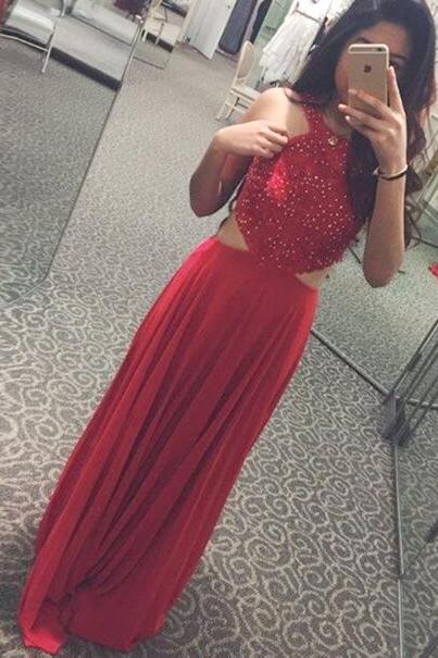 Red Chiffon Prom Dresses A-Line Long Sexy Evening Dresses Appliques Beaded Formal Gowns Halter Party Pageant Graduation Dresses For Teens Girls