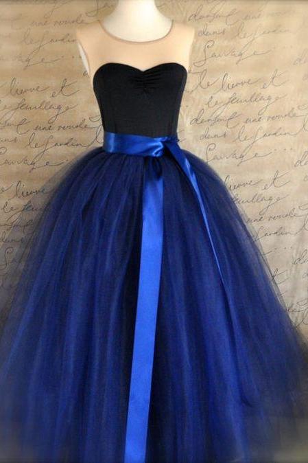 Elegant Long Prom Dress, Full Length Navy Tulle Dress, Navy Tulle Lined With Black Bridal Satin Woman Dress, Weddings And Formal Wear