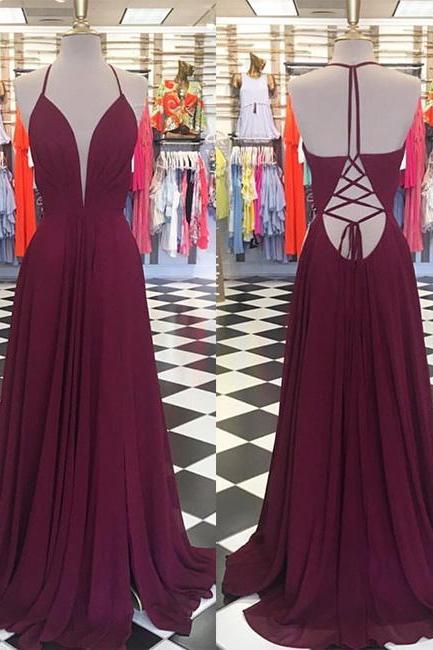 Simple V Neck Chiffon Backless Long Prom Dress, Evening Dress, Deep V Prom Dress, Backless Prom Dress, Criss Cross Back Prom Gown, Sexy Party Dress, Burgundy Prom Dresses