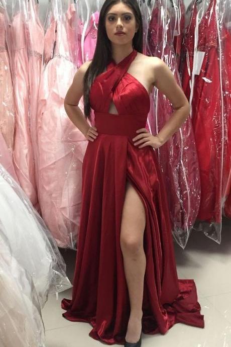 A-Line Cross Neck Floor-Length Dark Red Prom Dress With Split Keyhole, Sexy Backless Halter Evening Gowns