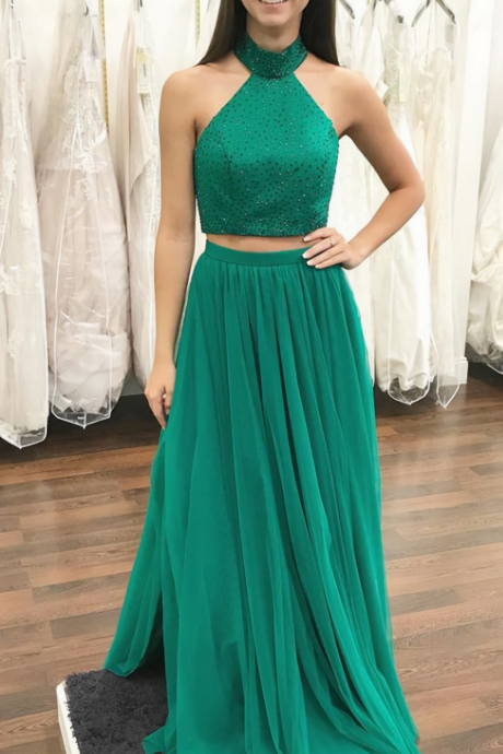 Sexy Halter Green Tulle A-Line Two Piece Prom Dresses Long Evening Dresses Beaded Formal Gowns Party Dress For Teen Girls