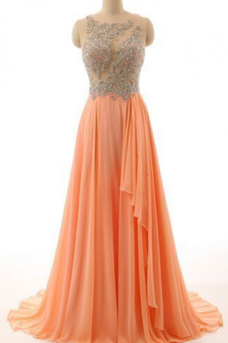 Sexy Prom Dress,Sleeveless Chiffon Prom Dress ,Peach Color Prom Dresses,Beaded Evening Dress,Long Evening Dresses