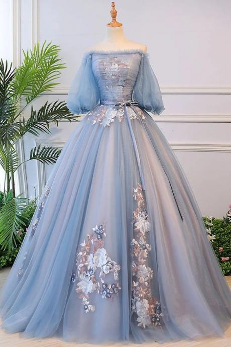 Victorian Vintage Style Long Dusty Blue Evening Dress