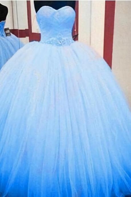 Blue Tulle Ball Gown Quinceanera Dresses 2023 Sweetheart Sleeveless Floor Length Bridal Evening Party Wear Custom Beading Sash