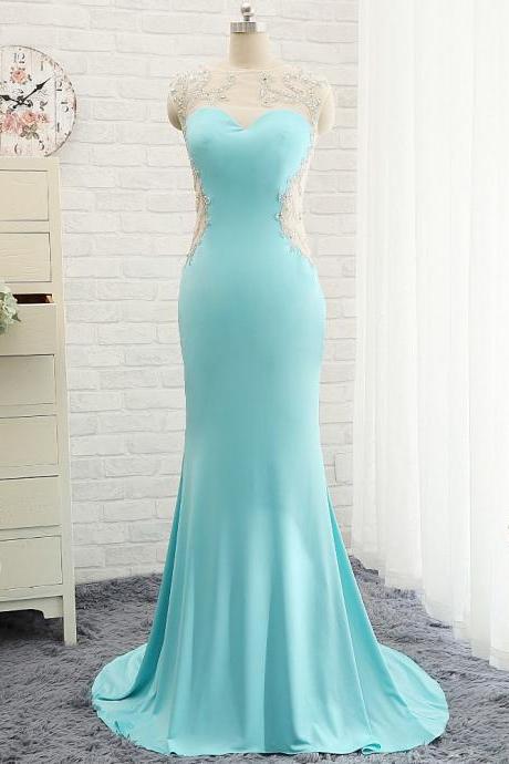 Modest Prom Dresses,Sexy New Prom Dress,Goregeous Blue Crystal Summer Prom Dresses Mermaid Long Open Back Evening Gowns
