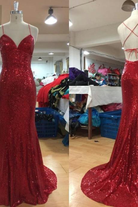 Custom Made Red Sequin Criss Cross Spaghetti Strap Evening Dress, Prom Dresses, Bridesmaid Dresses, Wedding Collection