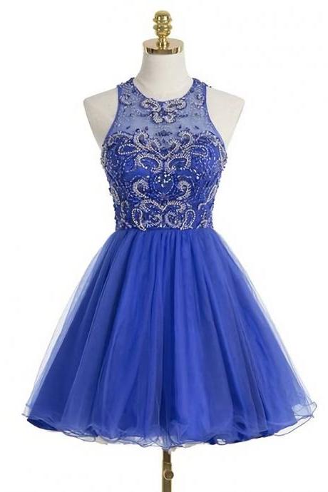 Blue Prom Dress,Tulle Prom Gown,Short Homecoming Dress,O Neck Beaded Homecoming Dresses