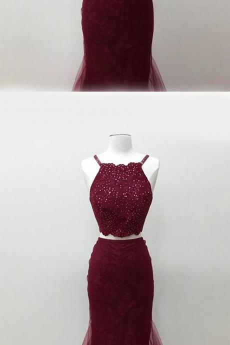 Burgundy Mermaid Lace Square Sweep Train Two Piece Beading Prom Dress Prom,Prom Dresses,Prom Dress