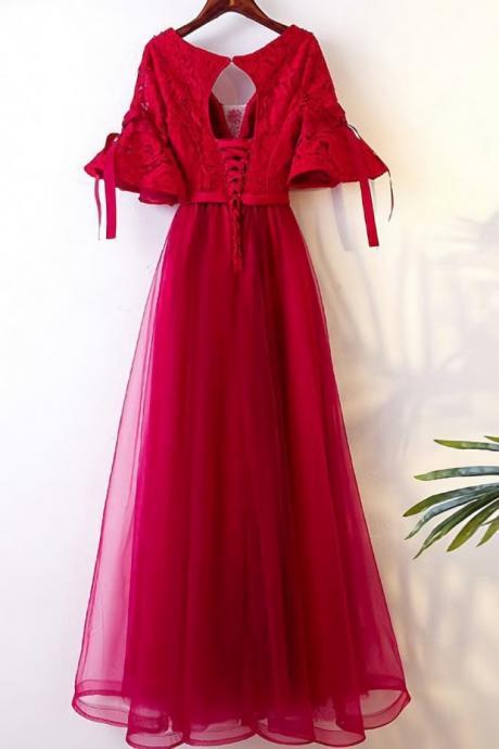 A-Line V-Neck Half Bell Sleeves Dark Red Tulle Open Back Tulle Prom Dress With Lace