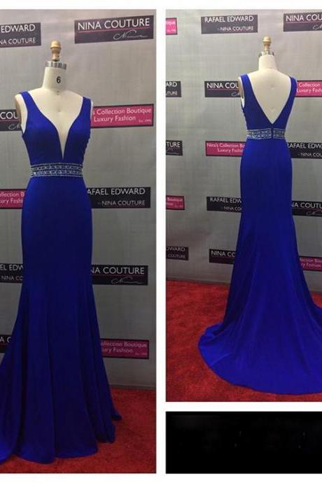 Royal Blue Pluging V Neck Prom Dreess,Fitted Open Back Formal Gown, Evening Dress