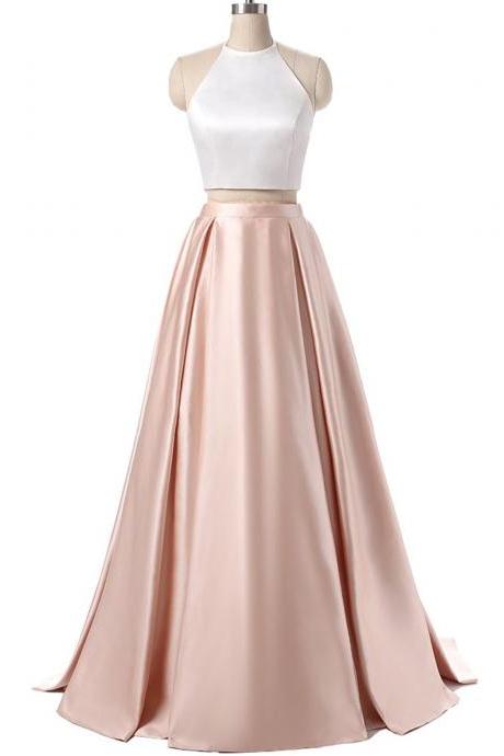 Charming Formal Halter Two Pieces Prom Dress, Party Gowns With Pockets, Light Pink Prom Dress, Simple Satin Prom Dress, 2 Pieces Prom Dresses, Senior Prom Dress, Prom Dress For Teens