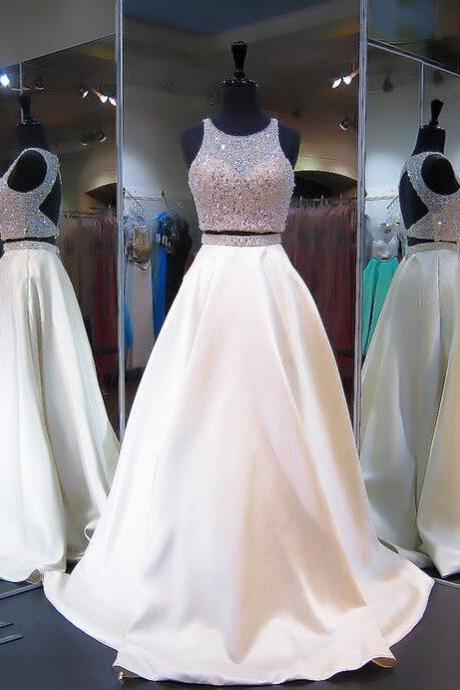 A-Line Two Piece Evening Dress Sleeveless Jewel Beads Sexy Zipper Prom Dress