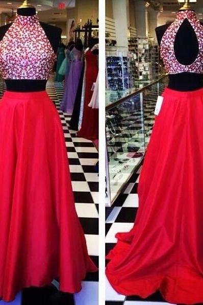 Two Piece Prom Dresses 2023 Open Back Red Sexy Crystal High Neck Taffeta Mid Section Party Evening Dress Gowns