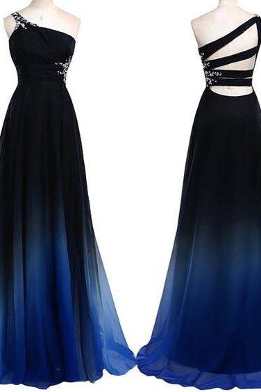 One Shoulder Navy Blue Royal Blue Ombre Prom Dresses,Gradient Color Chiffon Long Prom Dress,Ombre Evening Dress,Wedding Party Gown For Sweet 16 Dresses,Bridesmaid Dresses PD028