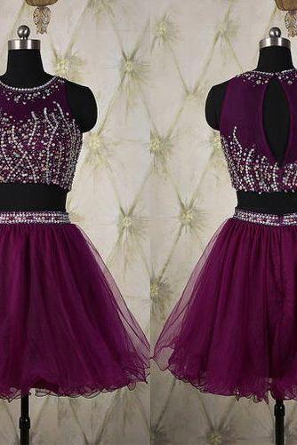 Grape Purple Two Pieces Homecoming Dresses,High Neck Mid Section Short Homecoming Dresses,Rhinestones Crystals Bodice Short Prom Dresses ,Mini Length 2 Pieces Prom Dresses,Short Prom Gown,Homecoming Dresses 2023