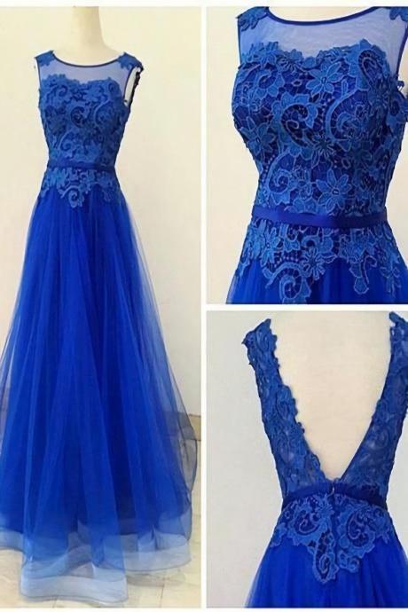 A Line V Back Lace Tulle Royal Blue Floor Length Evening Dress