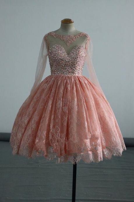 2023 Lace Short Puffy Prom Dresses, Party Dresses, With Crystals Long Sleeve Prom Dress,317