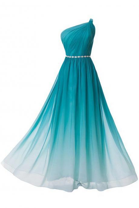 Gradient Floor Length Chiffon Evening Dress Featuring Ruched One Shoulder Bodice With Beaded Embellished Belt