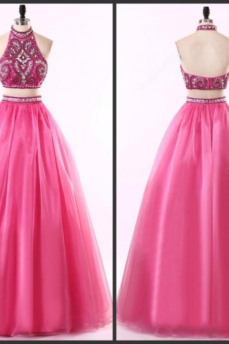Two Piece Halter Neck Floor-Length Chiffon Prom Gown