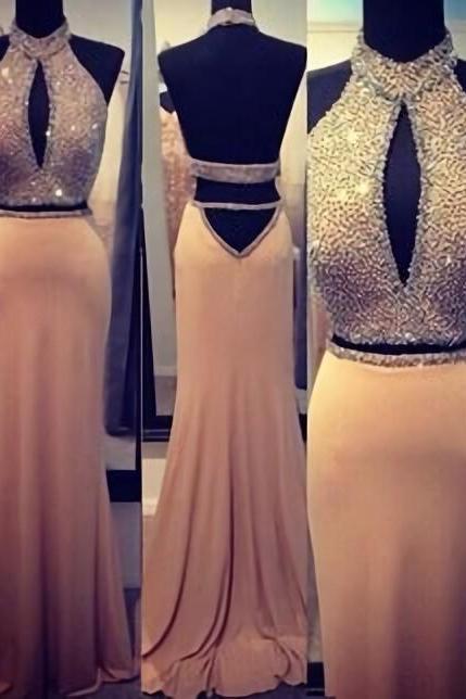 Beaded Prom Dresses,Crystals Prom Dress,Backless Prom Gown,2 Pieces Prom Gowns,Elegant Evening Dress,Hlater Evening Gowns,2 Piece Evening Gowns,Sparkly Prom Dress,Sparkle Prom Gown