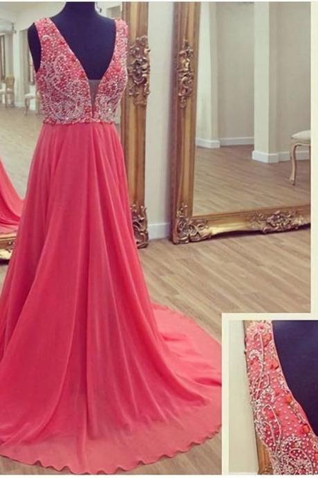 Pink Beaded Chiffon Prom Dresses, Graduation Party Dresses, Formal Gowns, Evening Dresses