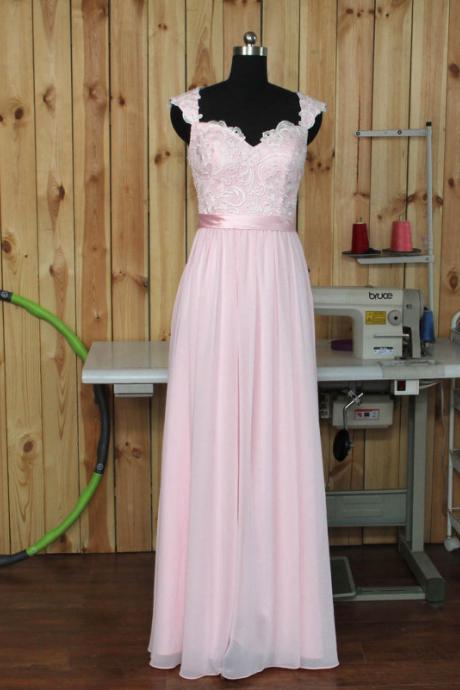 Pale Pink Bridesmaid Dress, Lace Chiffon Prom Dresses,Wedding Party Dress With Straps, Long Formal Dress, Prom Dress,A Line Prom Dresses,Bridesmaid Dress